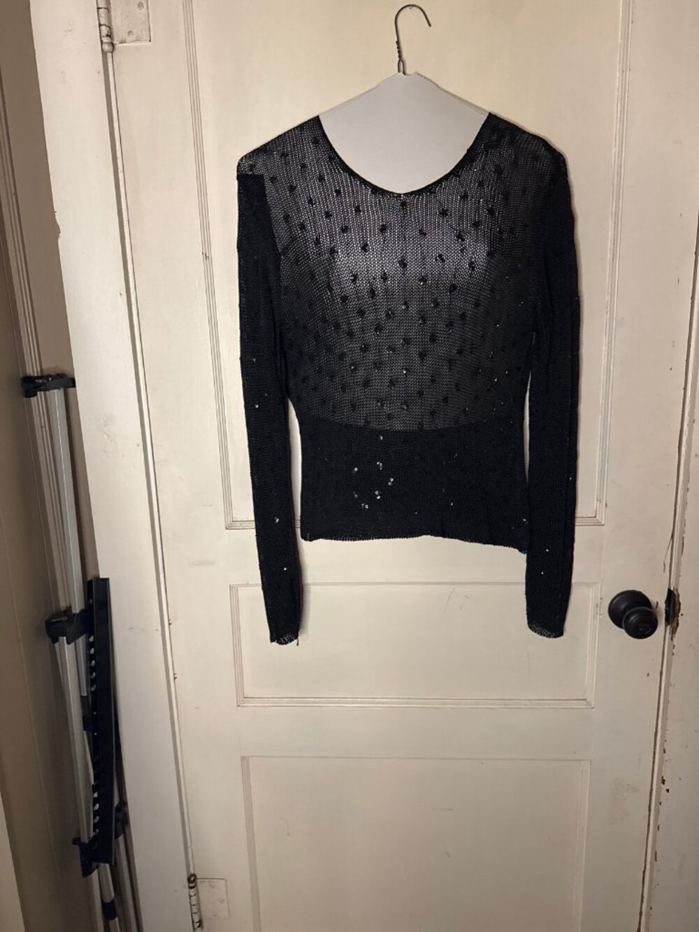 Vintage 1996 Express Tricot Black Sheer Sequin Long Sleeve Top Sz L